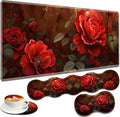 Large Gaming Mouse Pad + Keyboard Wrist Rest + Wrist Support + Coaster Set Memory Foam Ergonomic for Easy Typing XXL Extended Gaming Mouse Pad Table Pad - Red Rose