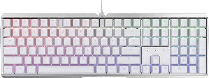 Cherry MX 3.0 S Wired Mechanical Gaming Keyboard. Aluminum Housing Built for Gamers w/MX Red Switches. RGB Backlit Color Display Over 16m Colors. from The Makers of MX. Full Size. Pure White.