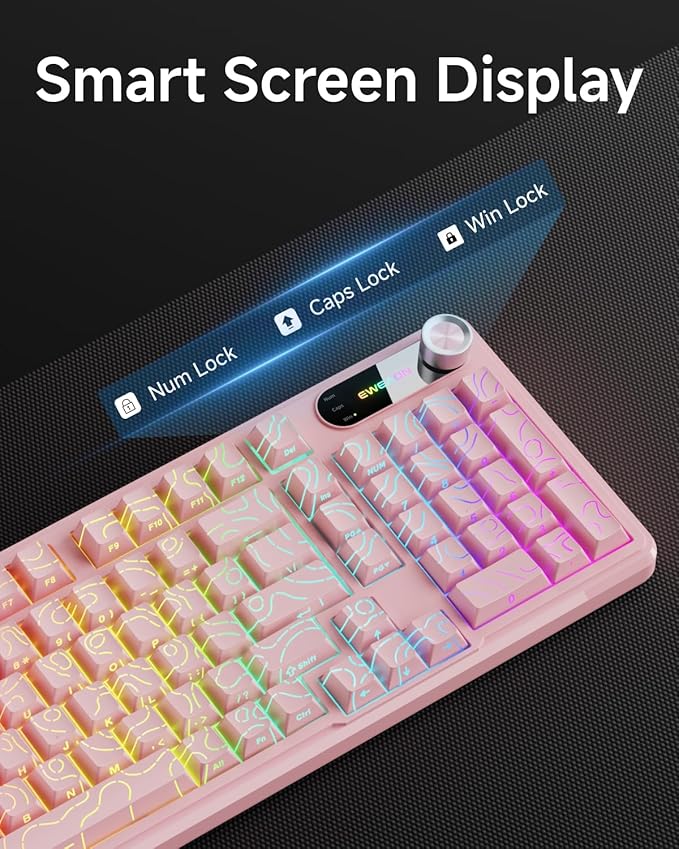 V102 Wired Keyboard 98 Keys Creamy Gaming Keyboard with Number Pad Display Screen &amp Media Knob RGB Silent Wired Cute Computer Keyboard for Laptop PC Gamer - Light Pink