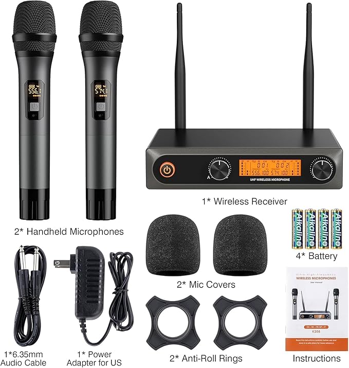 Wireless Microphones Dual UHF Wireless Microphone System with Professional Metal Handheld Dynamic Mics 200ft Range for Karaoke Singing DJ Church Wedding &amp Party Home KTV Set