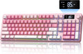 Keymatic Gaming Keyboard Wireless Creamy Keyboard with Media Knob &amp Screen Cute Keyboard Mechanical Feeling Membrane Keyboard with Number Pad RGB Backlit Tri-Mode BT/2.4GHz/USB-C - Pink