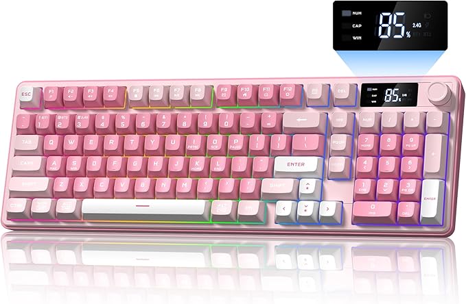 Keymatic Gaming Keyboard Wireless Creamy Keyboard with Media Knob &amp Screen Cute Keyboard Mechanical Feeling Membrane Keyboard with Number Pad RGB Backlit Tri-Mode BT/2.4GHz/USB-C - Pink