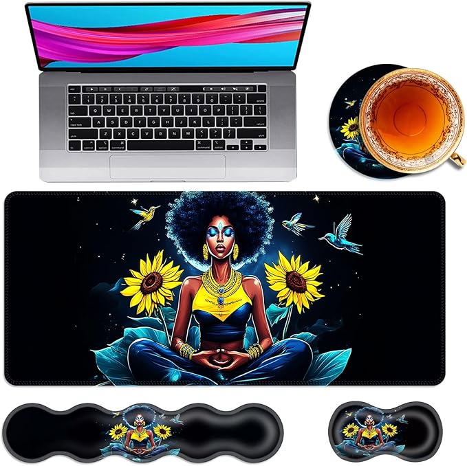 Large Mouse Pad and Keyboard Wrist Rest Desk Pad for Keyboard and Mouse 4-in-1 Large Gaming Mouse Pad with Wrist Support Desk Mat for Home Office Study GameGirl Sunflowers Hummingbirds