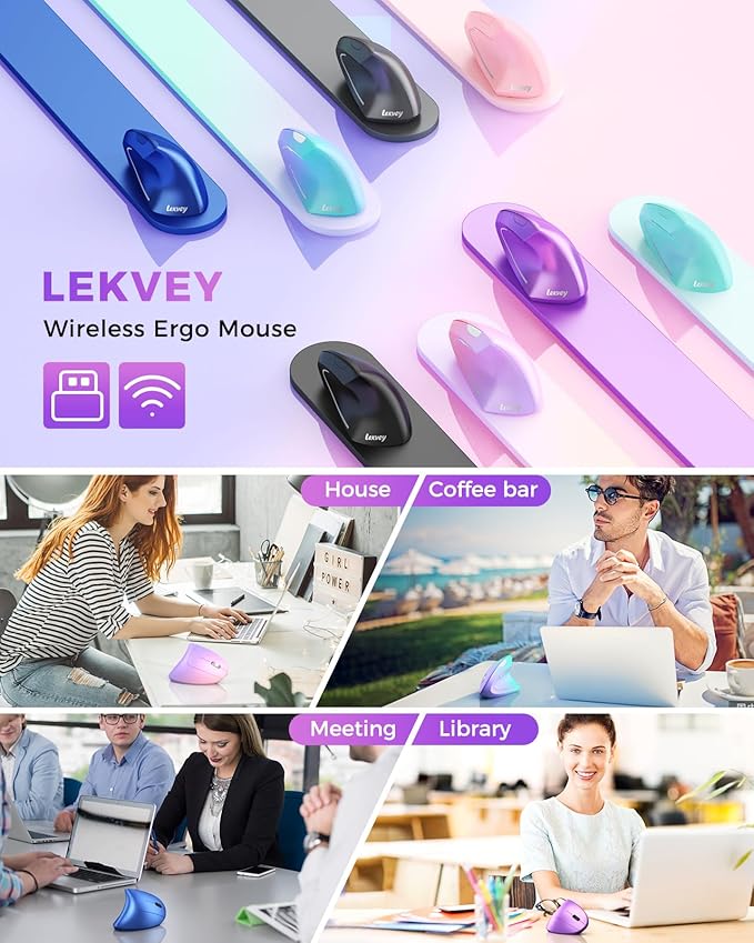 Lekvey Ergonomic Mouse Wireless Vertical Mouse Rechargeable 2.4 GHz Optical Carpal Tunnel Mice : 800/1200 / 1600 DPI 6 Buttons for Laptop PC Mac Computer Desktop Notebook etc Purple