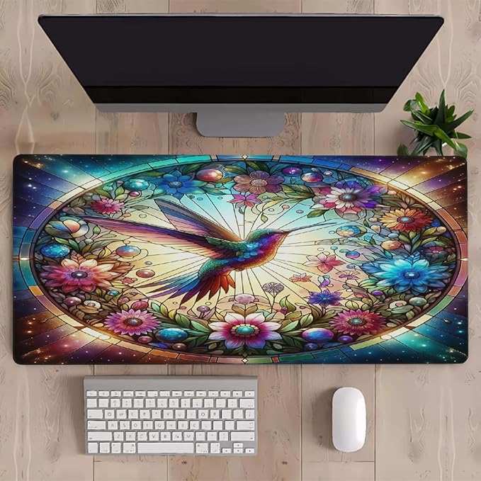 Color Glass Flower Bird Large Mouse Pad Gaming Mousepad Desk Mat for Desktop Computer Keyboard Waterproof Mouse Mat Desk Pad with Non-Slip Base for Game School Office Home 35.4 x 15.7