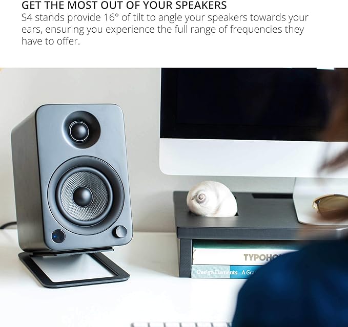 Kanto S4 Tilted Desktop Speaker Stands for Medium Bookshelf Speakers &amp Mid-Size 3”-4” Studio Monitors | Supports 8 lbs | Damping Foam Padding | ¼”-20 Mounting | Pair | Black