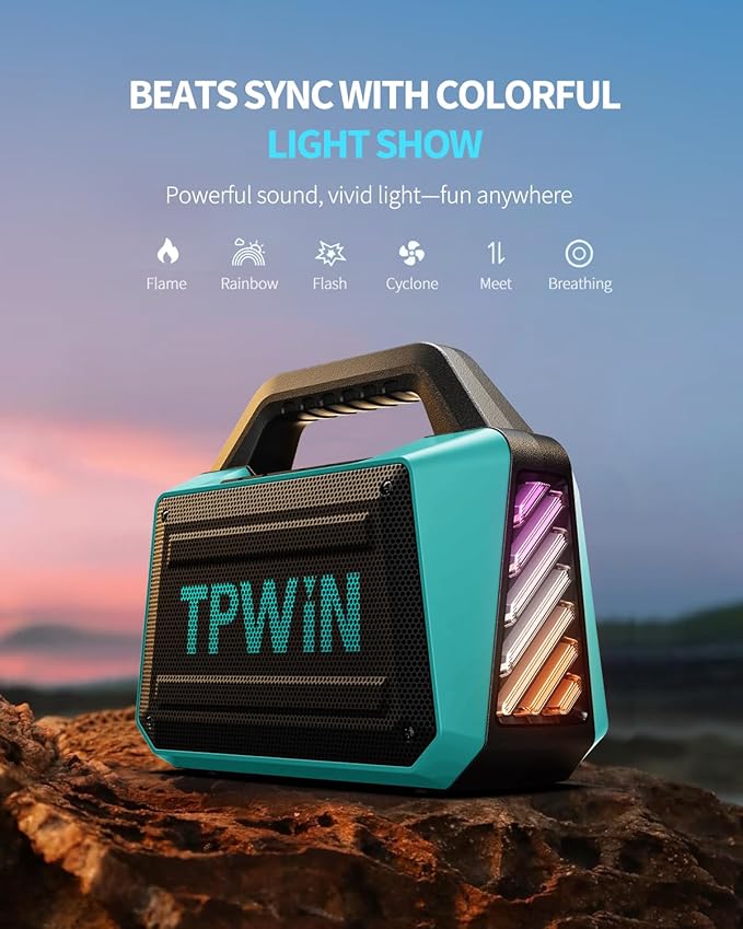 Powerful 80W Outdoor Bluetooth Speaker: IPX6 Waterproof Rugged 20H Playtime Deep Bass Lightshow TWS BT 5.3 Wireless Portable for Travel Hiking Camping Beach Pool - Teal