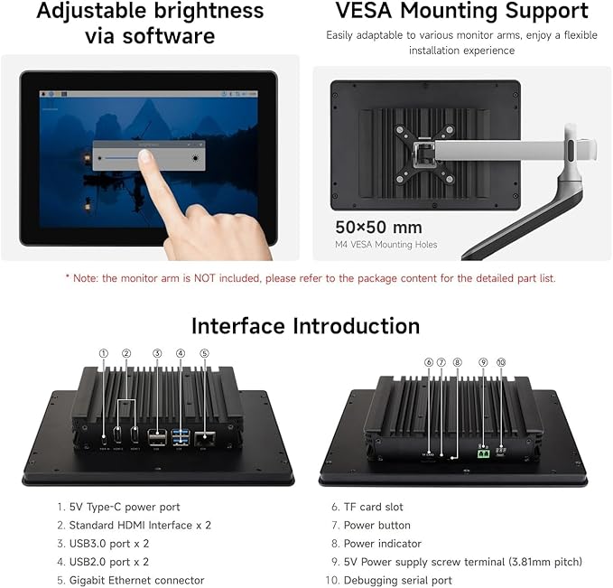 Industrial HMI All-in-one 10.1inch Touch Display Compatible with Raspberry Pi (Not Included) Supports Dual 4K HDMI Output 10-Point Touch Aluminum Alloy Case @XYGStudy (RPI-HMI-101D-ACCE)