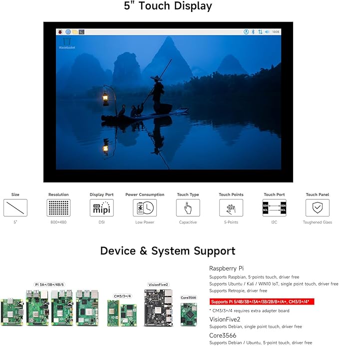 waveshare 5inch Capacitive Touch Display DSI Interface LCD 800×480 Screen Compatible with Raspberry Pi 5/4B/3B+/3A+/3B/2B/B+/A+/CM3/3+/4