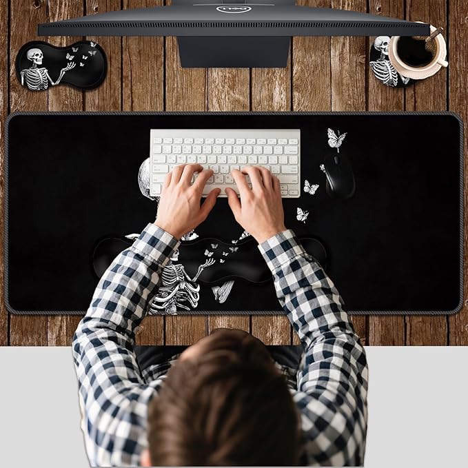 Ergonomic Keyboard Wrist Rest &amp Mouse Pad Wrist Rest SetXL Gaming Desk Mat 31.5x 11.8Non-Slip BaseMemory FoamEasy Typing Pain Relief for Office &amp HomeSkeleton Butterflies