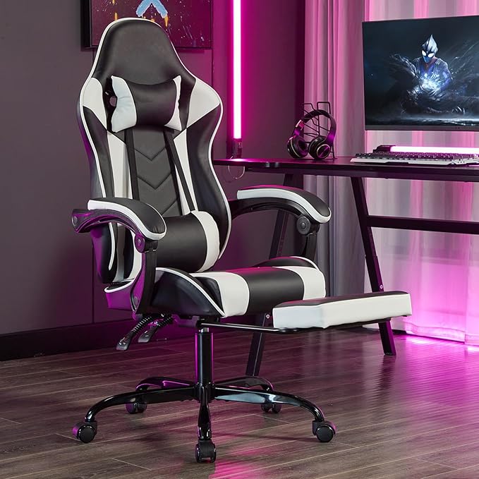 Ergonomic Gaming Chair with Footrest Black and White Gaming Chair for Adults Girls Women Video Game Chairs with Wheels &amp Lumbar Support 300 LBS Capacity (Black+White2)