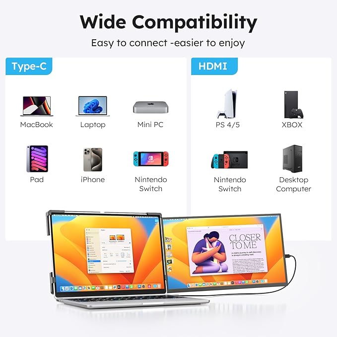 Laptop Screen Extender 15.6 FHD 1080P IPS External Portable Monitor for Laptop Plug &amp Play Dual Screen Monitor for 13-17 Laptops Compatible with Mac Wins Chrome Android Dex