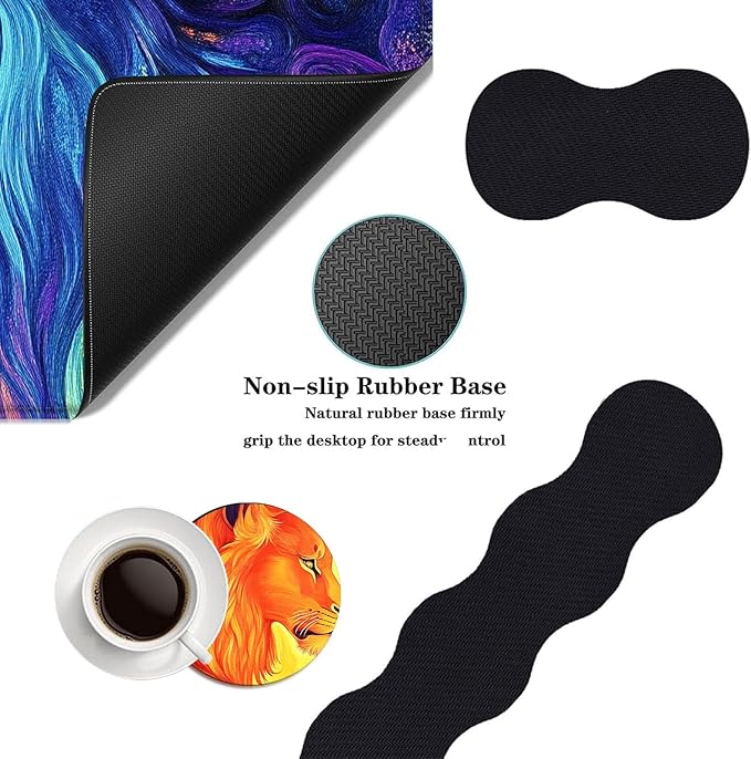 Mouse PadLarge Desk Mat Set 4in1 XL Mousepad + Keyboard Wrist Rest+Mouse Wrist Rest+Coaster with Ergonomic Desk Pad for Home Office Table Computer Cover -Rainbow Lions Abstract