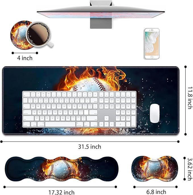 4 in 1 Ergonomic Keyboard Wrist Rest &amp Mouse Pad Wrist Rest Set Large XXL Gaming Desk Mat 31.5x 11.8 with Non-Slip Base Memory Foam for Home Office Study Gaming Burning Baseball Fire and Wate