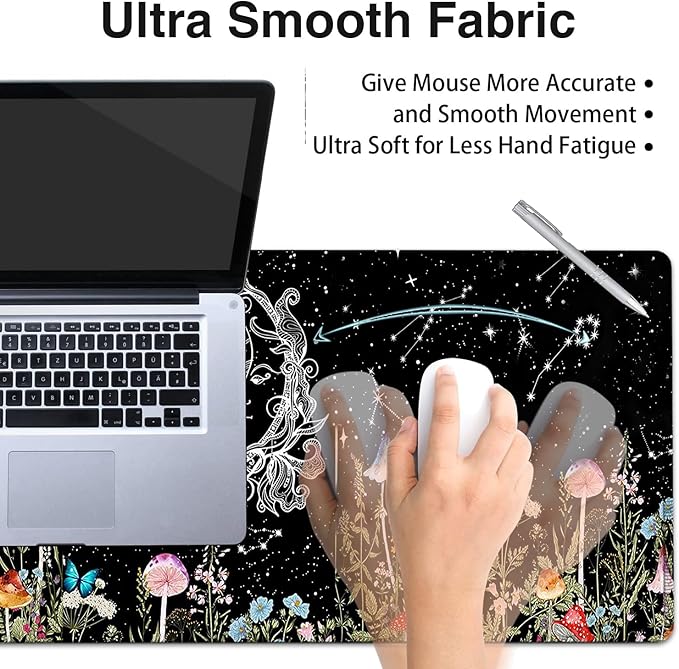 Desk Pad Extended Large Mouse Pad with Stitched Edges (31.5X11.8In) Ergonomic Mouse Wrist Rest Waterproof Computer Keyboard Mouse Mat Wildflowers Butterfly Starry Sky XXL Black Gaming Mouse Pad