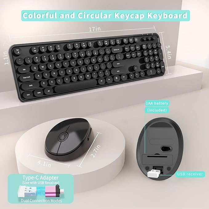 Wireless Keyboard and Mouse Combo Ergonomic Full Size Typewriter Retro Round Keycaps Keyboard Compatible with Windows PC Perfer for Home and Office Keyboards (Black