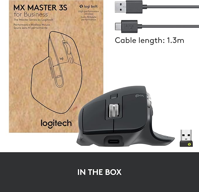 Logitech MX Master 3S for Business Wireless Mouse with Quiet Clicks 8K DPI Secured Logi Bolt USB Receiver Bluetooth USB-C Charging MagSpeed Scrolling Windows/Mac/Chrome/Linux - Graphite