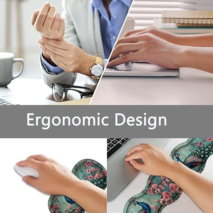 Large Gaming Mouse Pad + Keyboard Wrist Rest + Wrist Support + Coaster Set Memory Foam Ergonomic for Easy Typing XXL Extended Gaming Mouse Pad Table Pad - Peacock