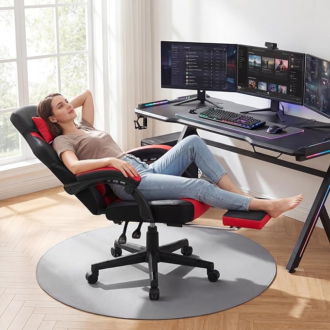 Giantex Gaming Chair Ergonomic Video Game Chair w/Footrest Lumbar Support Headrest Reclining Backrest &amp Linkage Armrests Height Adjustable 360° Swivel Computer Desk Chair for Home Office (Red
