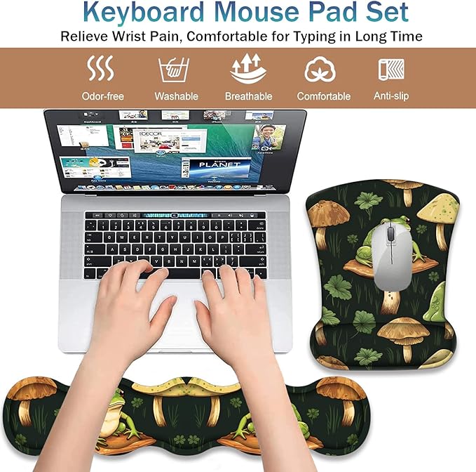 Ergonomic Keyboard Wrist Support Pad and Wrist Support Mouse Pad Anti-Slip with Gel Memory Mouse Pad Set Suitable for Office Use/Home Use - Adorable Frog Mushrooms