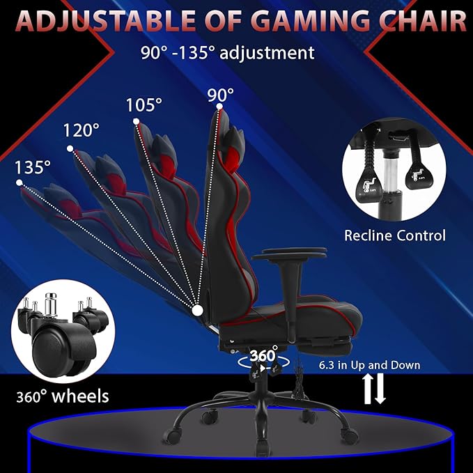 PayLessHere Racing Gaming Chair Office Massage Chair Ergonomic Recliner with Computer Desk PU Leather Lumbar Support Footrest Rolling Swivel and Task Function Ultimate Comfort for Adults (Red)