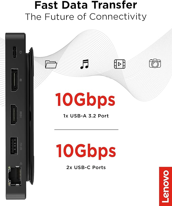 Lenovo USB-C Dual Display Travel Dock w/ 100W Power Adapter - 7 Ports Integrated USB-C Cable Universal Compatibility Dual Displays at 4K - Black
