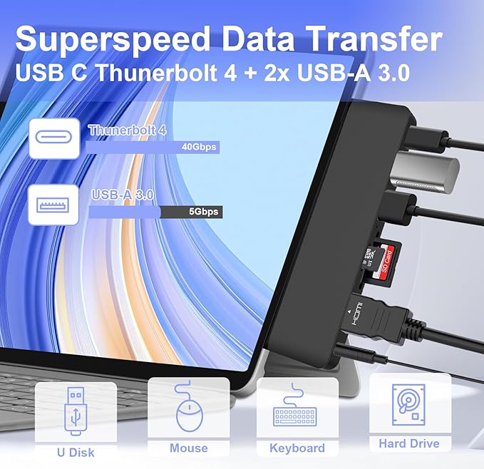 Surface Pro 12 USB Hub Adapter Docking Station with 4K HDMI USB-C Thunderbolt 4 (Display+Data+100W PD) 2 USB 3.0 3.5mm Audio SD/TF Card Slot Accessories for Surface Pro 12 inch 2025