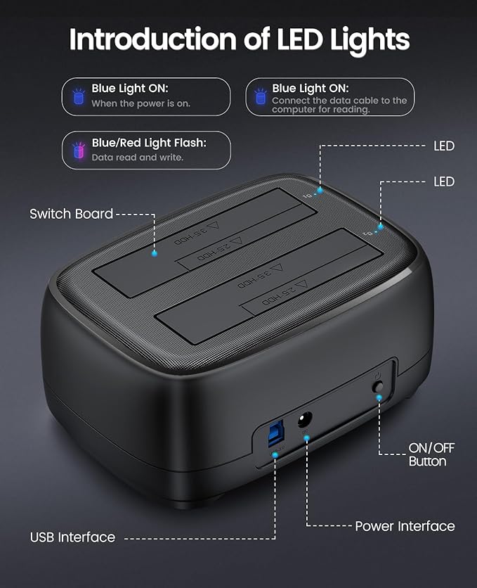 ORICO Dual Bay Hard Drive Docking Station USB 3.0 to SATA III for 3.5inch HDD Max Up to 40TB Support UASP Tool-Free for Files Backup/Game Load (Without Cloner Function)-DD28