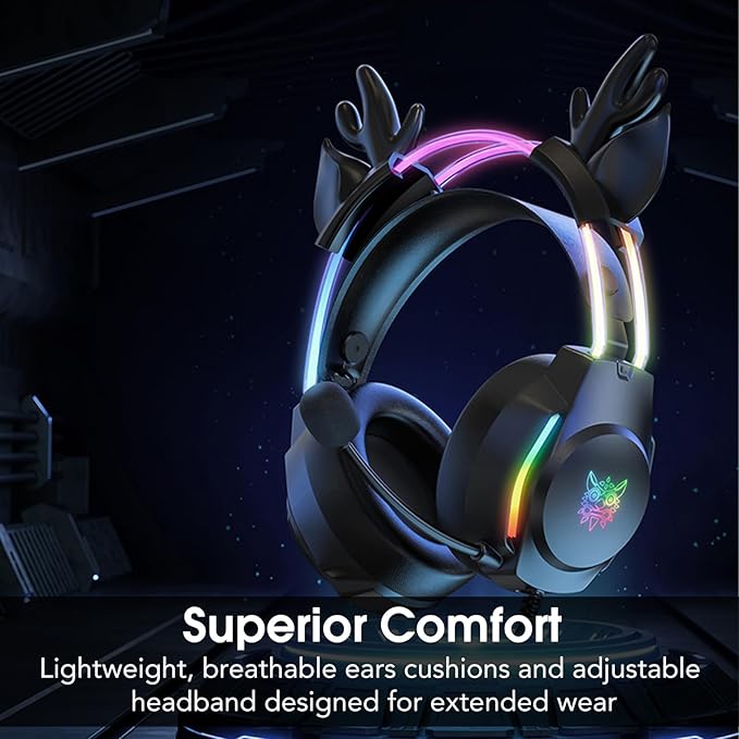 Gaming Headset with Microphone Deer Ears Headphones for PC Laptop PS4 PS5 Xbox Switch Rainbow RGB Lighting &amp Virtual Surround Sound 3.5mm Over Ear Headphones Ergonomic