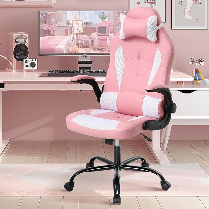 PC Gaming Chair Ergonomic Office Chair Computer Desk Chair with Armrests Headrest and Lumbar Support PU Leather Taipan High Back Home Computer Chair (Pink)