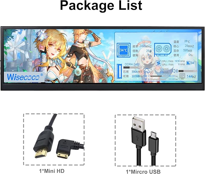 12.6 Inch Secondary Screen FHD IPS Stretched Bar LCD Display 1920X515 Mini HDMI for Laptop Computer Health Speed Windows Aida64 Sub CPU GPU Display (No Touch Monitor)