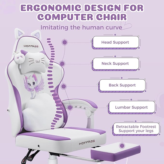 HOFFREE Gaming Chair for Girls with Cat Ears Massage Lumbar Computer Chair Game Chairs for Adults