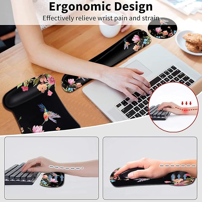 Ergonomic Mouse Pad with Gel Wrist Rest Support Gaming Mouse Pad with Cloth Non-Slip PU Base for Computer Home Office Memory Foam Keyboard Wrist Rest Support Hummingbird Watercolor Flower