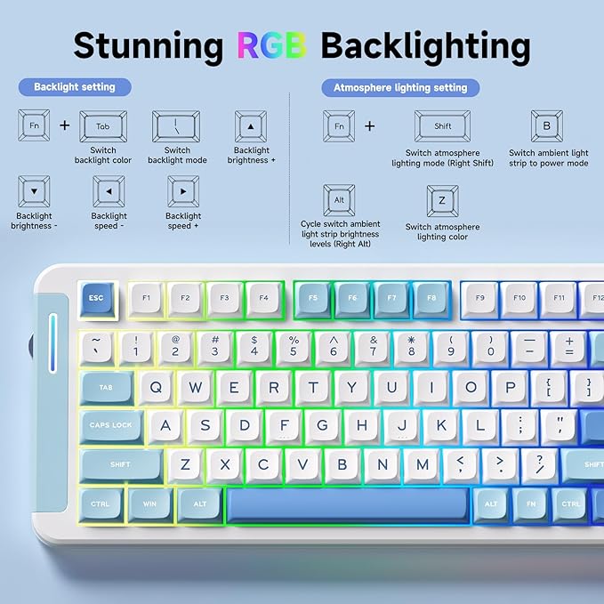 MCHOSE X75 V2 Wireless Mechanical Keyboard Volume Knob Tri-Mode BT5.0/2.4GHz/USB-C Hot Swappable Custom Keyboards Linear Switch Creamy Keyboards RGB Gaming Keyboard for PC/Tablet/PS/Xbox Blue