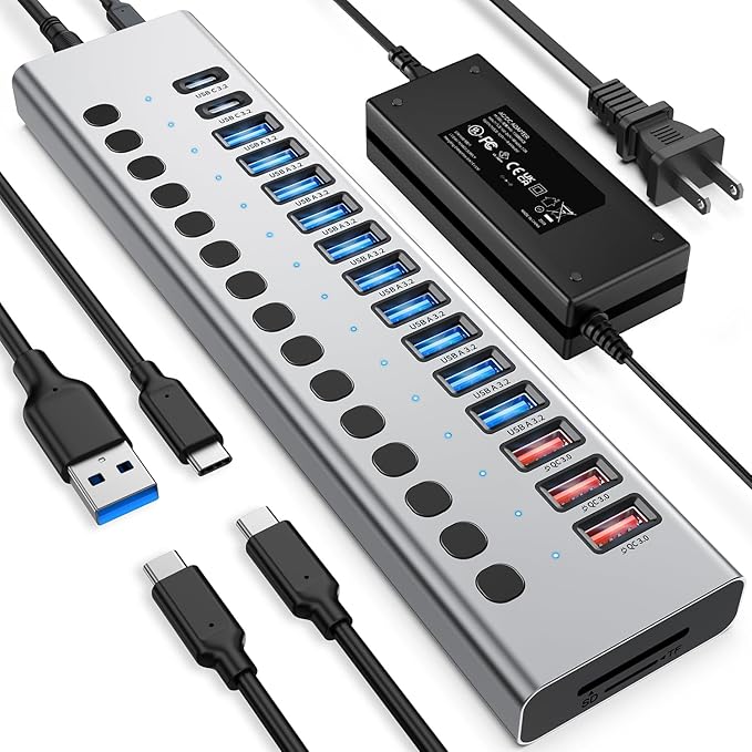 Powered USB Hub 10Gbps 17 Ports 96W USB 3.2 Hub(10 USB-A 3.2 Ports+3 QC 24W Fast Charging Ports+2 USB-C 3.2 Ports+SD/TF Card Reader) 12V/8A Power Adapter for Laptop PC Computer HDDFlash Drive