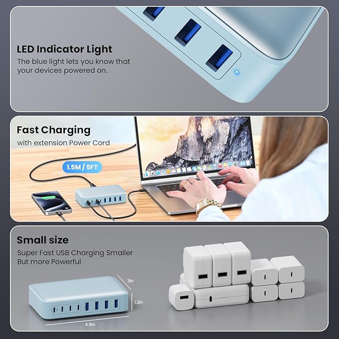 USB C Charger 200W USB C Charger BlockUpgraded GaN III 8-Port Fast Charging Station HubPD 65W Laptop Charging Adapter Compatible with MacBook Pro/AirDELLSteam DeckiPhone 16/15/14Galaxy S23/22
