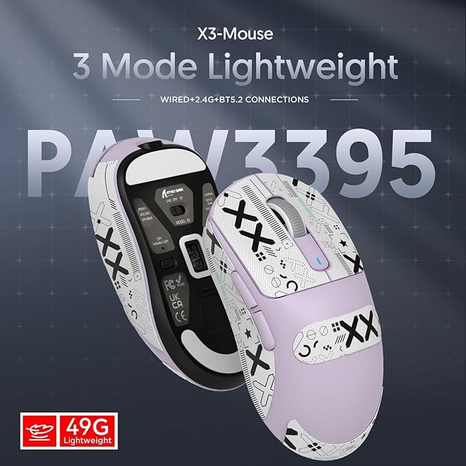 ATTACK SHARK X3 Wireless Gaming Mouse 49g Bluetooth/2.4G/USB-C Ergonomic Computer Mouse PAW3395 26K DPI Sensor 200h Battery Life Programmable Buttons Gaming Accessories for PC/Laptop/Mac