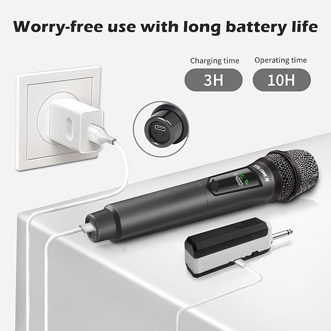 Wireless MicrophoneProfessional Dual Handheld Cordless Dynamic Mic System with Rechargeable Receiver(160 Ft)Karaoke Microphone Set for SingingKaraokeWeddingDJPartySpeechChurchK60-2
