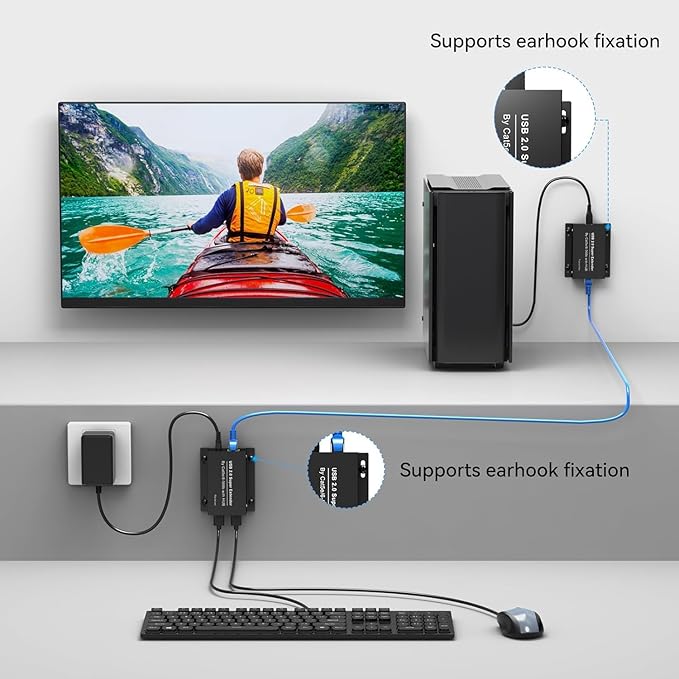 USB Extender Over Ethernet USB 2.0 HUB RJ45 Cat5e/6 196ft/60m up to 480Mbps Transfer Rate No Driver Required Supports POC Power Supply Supports Connecting Keyboard Mouse U Disk Printer etc.