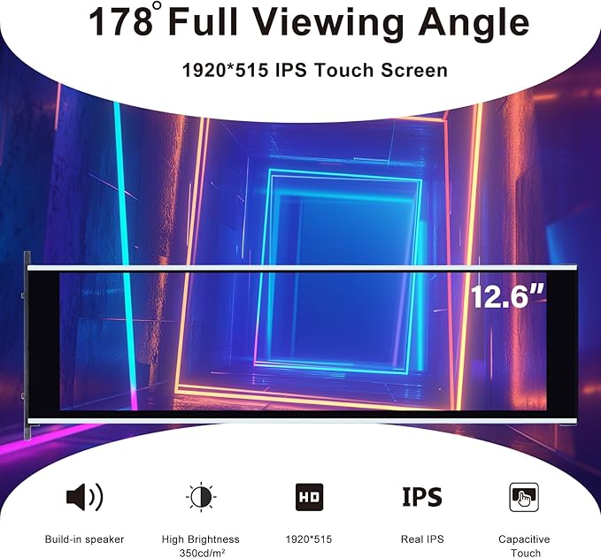 GeeekPi 12.6 Inch IPS LCD Touch Screen Monitor FHD 1920x515 Display Fit for Hyte Y60 PC Case CPU GPU Secondary Monitor Panel Built-in Dual Speakers Plug &amp Playwith up to 10-Points of Multi-Tou