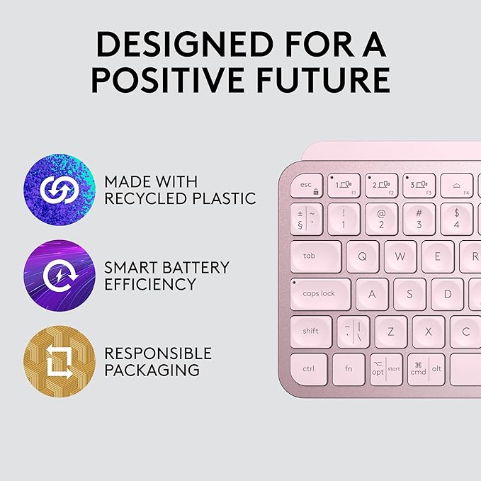 Logitech MX Keys Mini Minimalist Wireless Illuminated Keyboard Compact Bluetooth Backlit USB-C Compatible with Apple macOS iOS Windows Linux Android Metal Build - Rose