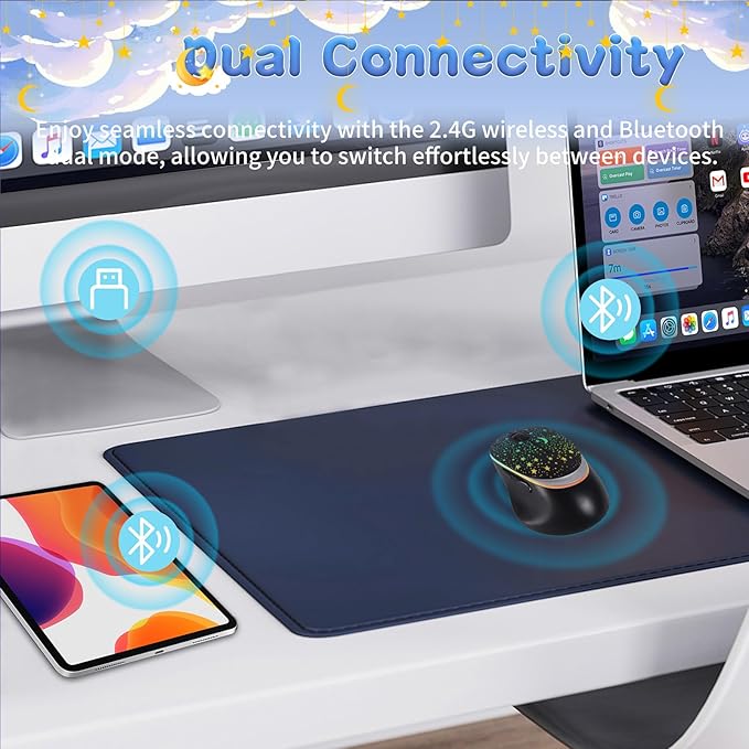 elec Space Bluetooth Wireless Mouse with Starry Sky RGB Backlight&amp Gradient Breathing Light - Ergonomic Dual Mode Rechargeable Mouse Type-C Charging - Perfect for Office Gaming &amp Travel (Bal