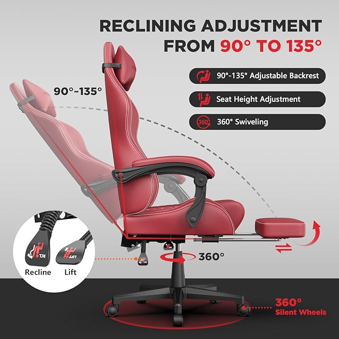 Ferghana Vintage PU Leather Gaming Chair Ergonomic Gamer Chair with Massage High Back Computer Office Chair with Footrest for Adults Racing Style Reclining Video Game Chair (Red)
