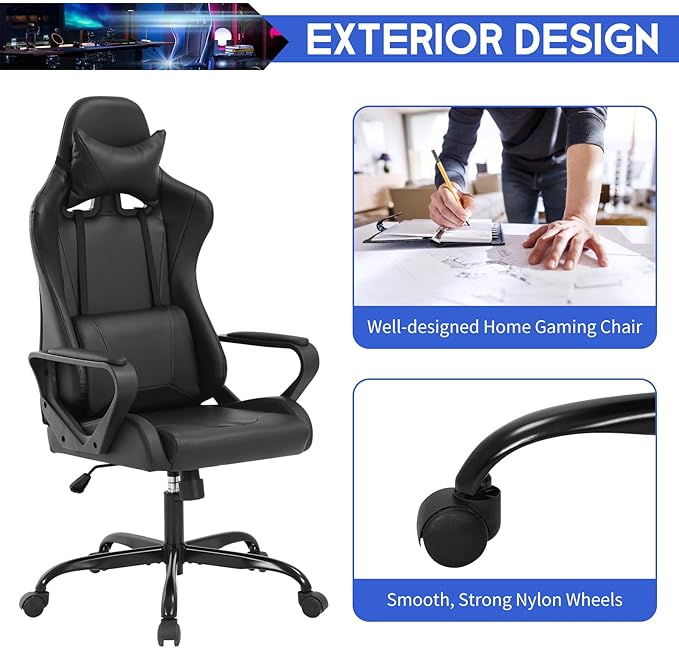 BLKMTY Gaming Chair Video Game Ergonomic Office Racing Computer PU Leather Chair - High Back Executive Task with Lumbar Support Headrest Swivel Chairs Black