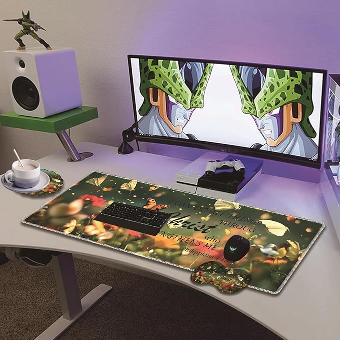 Extended Non-Slip Mouse Pad + Mouse Wrist Rest + Lace-Shaped Coaster Set Ergonomic Design Suitable for Desk and Home Gaming Table Mat Butterflies and Philippians 4-13