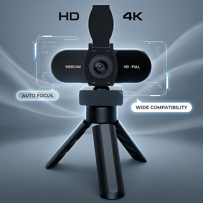 4k P Automatic focus HD Webcam with Microphone Noise Cancellation Privacy Cover Wide-Angle Lens Auto Light Correction Plug &amp Play USB Webcam for Laptop Desktop PC Mac Zoom Skype Streami