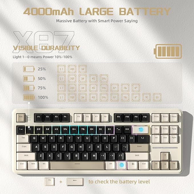 ATTACK SHARK X87 Wireless Mechanical Keyboard87 Keys Compact TKL Gasket Gaming KeyboardHot Swappable Custom Keyboard with Five-Layer PaddingFull RGB2.4G/USB-C/BTPre-lubed Switches (Retro White)