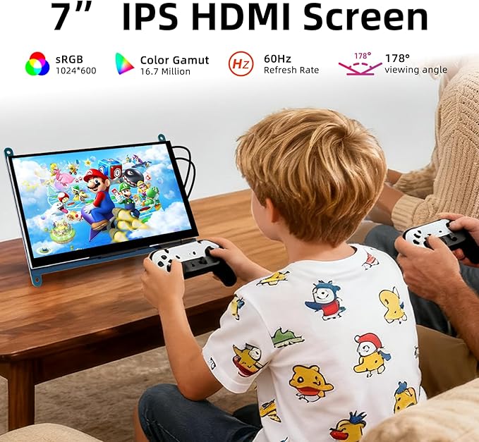 7 Inch Screen for Raspberry Pi 1024×600 IPS HDMI Capacitive Screen LCD Display Mini Portable Monitor Compatible with Raspberry Pi 5/4/3 BB Black Banana Pi Win11/10/8/7 (Non-Touch)