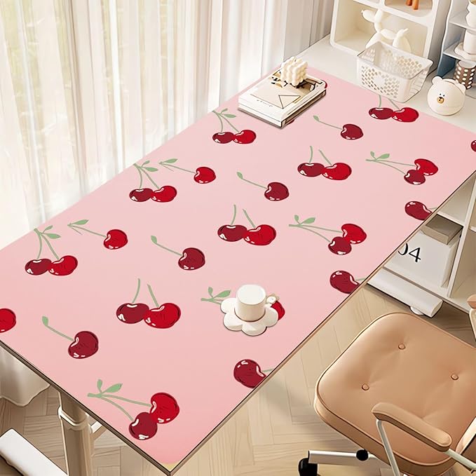 Cute Kawaii Cherry Office Desk Mat 23.6''X11.8''Pretty Design Desktop Mat Pu Leather Large Mouse Pad Aesthetic Mousepad Non-Slip Table Mat for Girls Women Home Work Computer Game