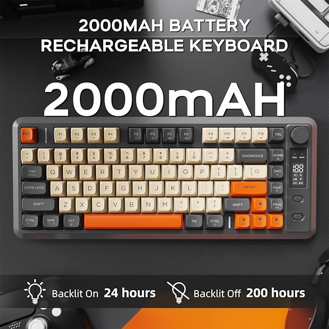 M75 Wireless Gaming Keyboard Mechanical Feel Membrane with Knob &amp OLED Display Bluetooth/2.4Ghz Rainbow Backlit Gradient PBT Keycaps 2000mAH Battery Anti-Ghosting-Dark Grey